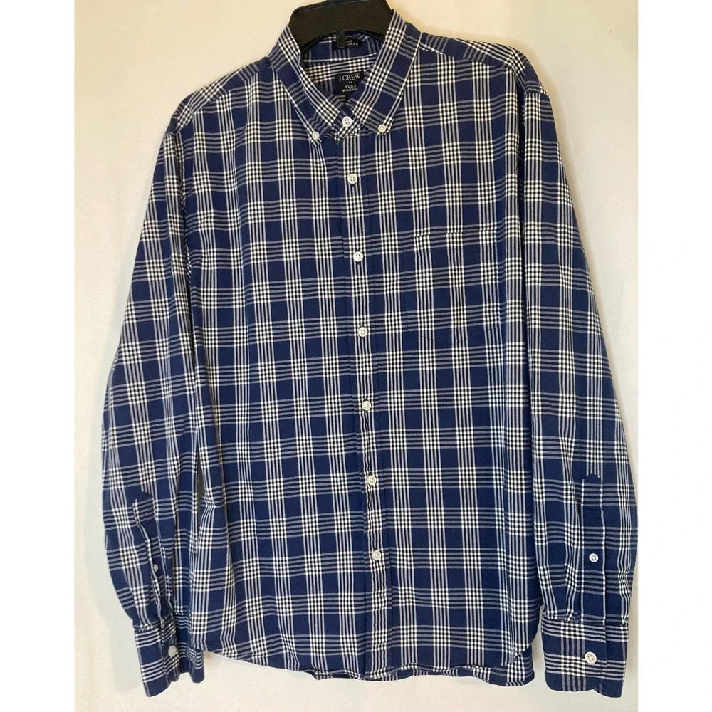 J. Crew Mens Long Sleeve Button Down Shirt Slim‎ Untucked Size L Blue Plaid